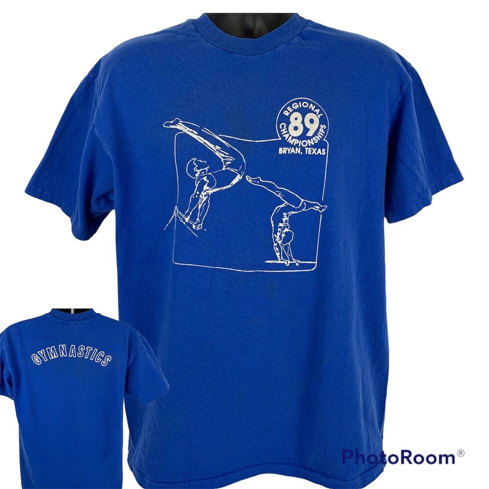 Vintage 80s Gymnastics Championships T Shirt Bryan Texas USA Blue Unisex L Large
